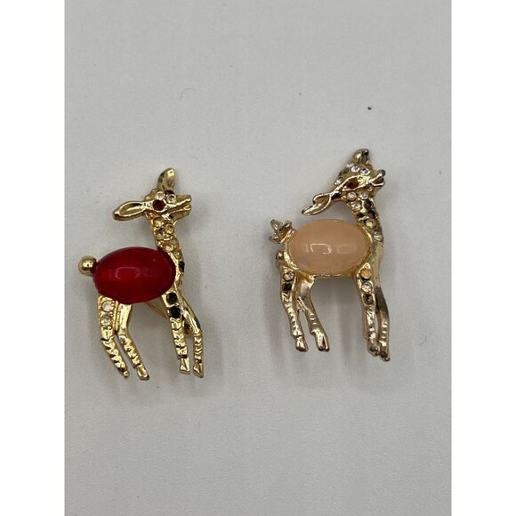 Unbranded Jewelry - Jelly Belly Vintage Set of 2 Deer Brooches Pins Metal Rhinestones Unsigned